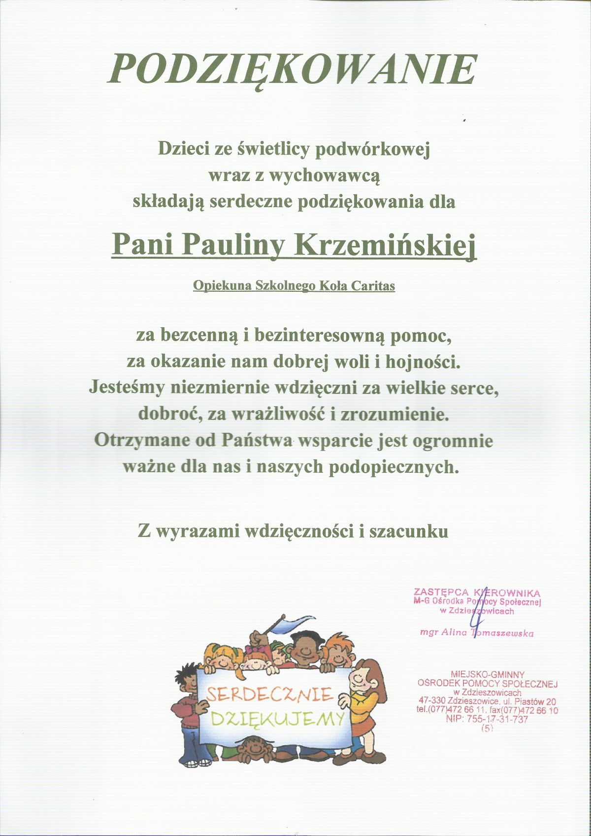 podziękowanie dla Pauliny Krzemińskiej
